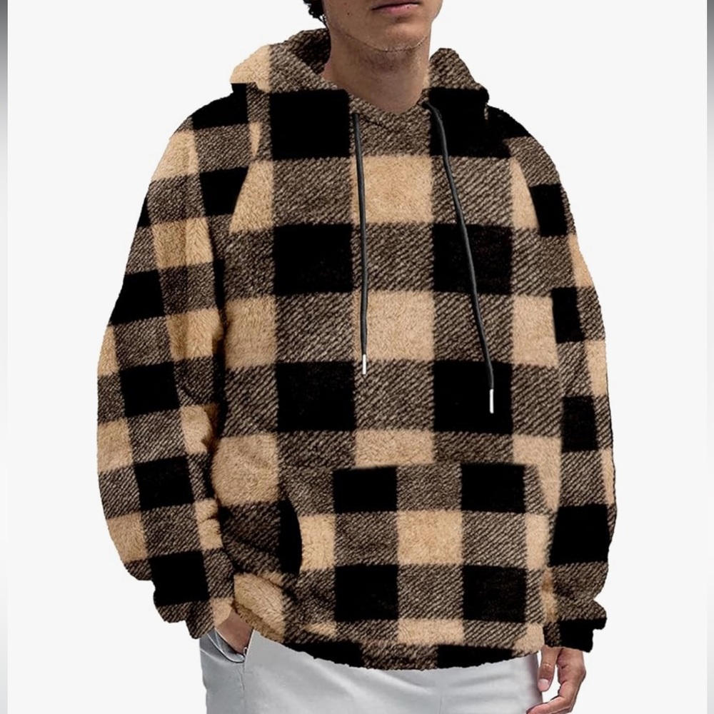 Plaid oversized faux fur hoodie sweater sweatshirt Sherpa teddy bear tan black